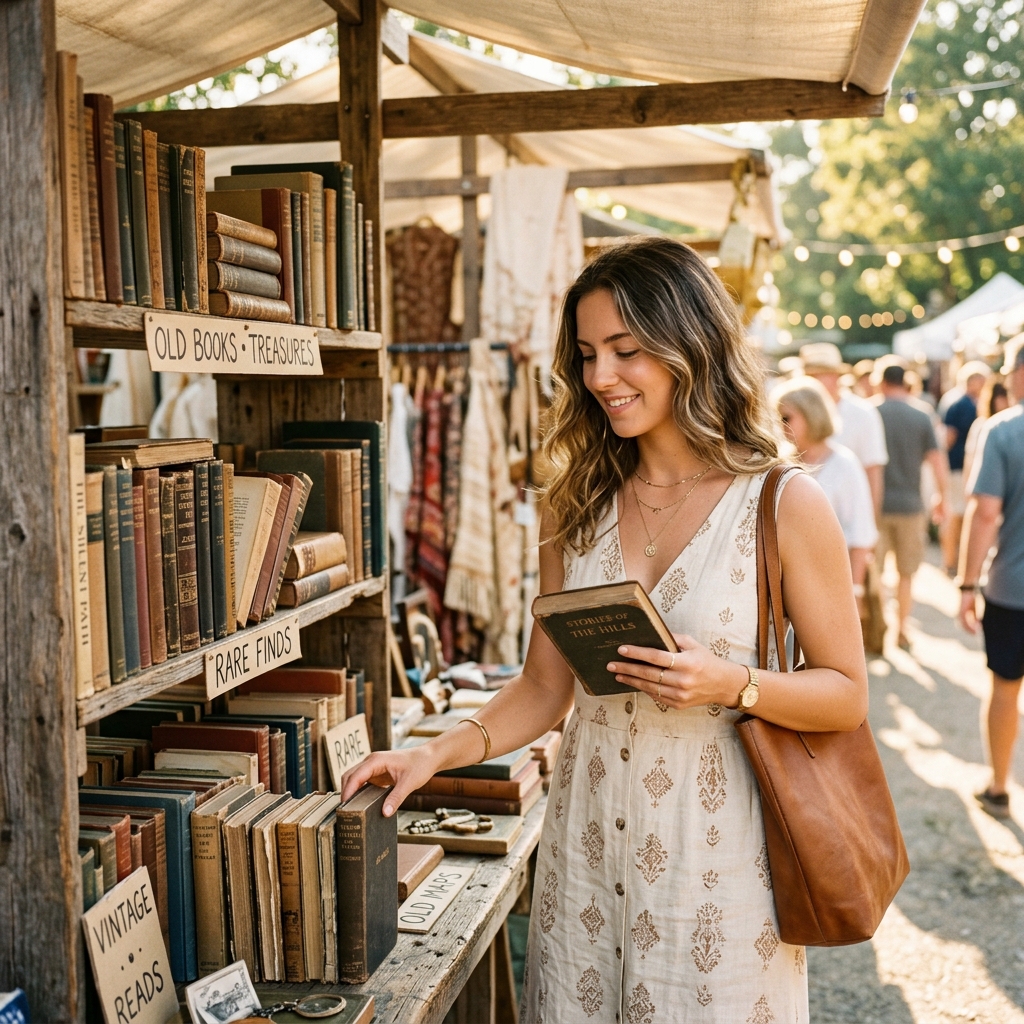 Girl scouting vintage books at the market
