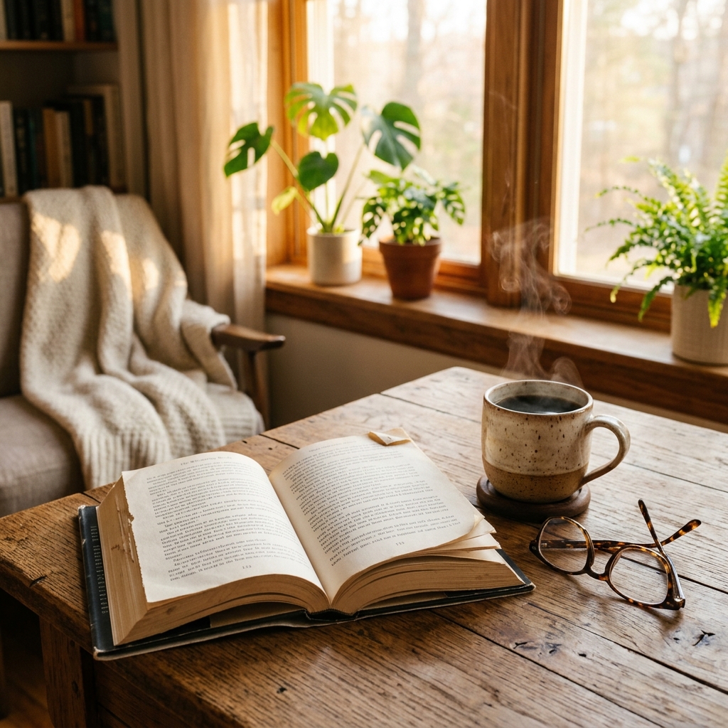A modern used paperback open on a cozy table next to warm coffee